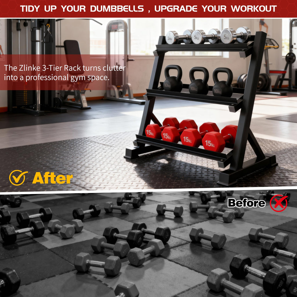 Zlinke 3-Tier Dumbbell Rack Multilevel Weight Storage Organizer for Home Gym, Weight Rack for Dumbbells, Kettlebells,1100LBS Capacity (Rack Only)