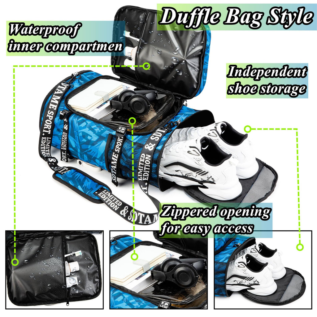 Gym Duffle Bag Backpack with Shoe Compartment,4 ways Travel Backpack for Women and Men,Multi-Functional Weekender bag with Waterproof Layer&Laptop Compartment for Fitness, Travel,Camping