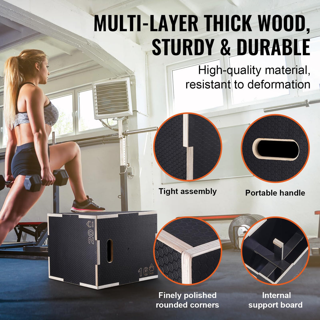 VEVOR 3 in 1 Plyometric Jump Box, Easy-to-Assemble Wood Plyo Box for Jumping Trainers, Home Gym Training and Conditioning