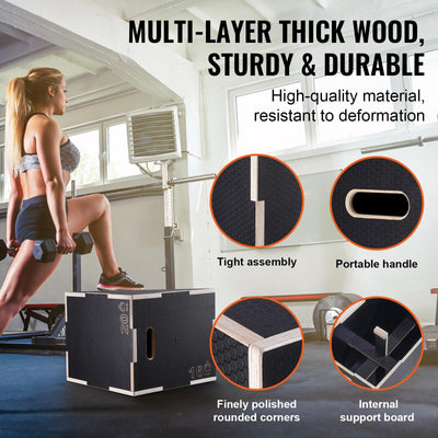 VEVOR 3 in 1 Plyometric Jump Box, Easy-to-Assemble Wood Plyo Box for Jumping Trainers, Home Gym Training and Conditioning