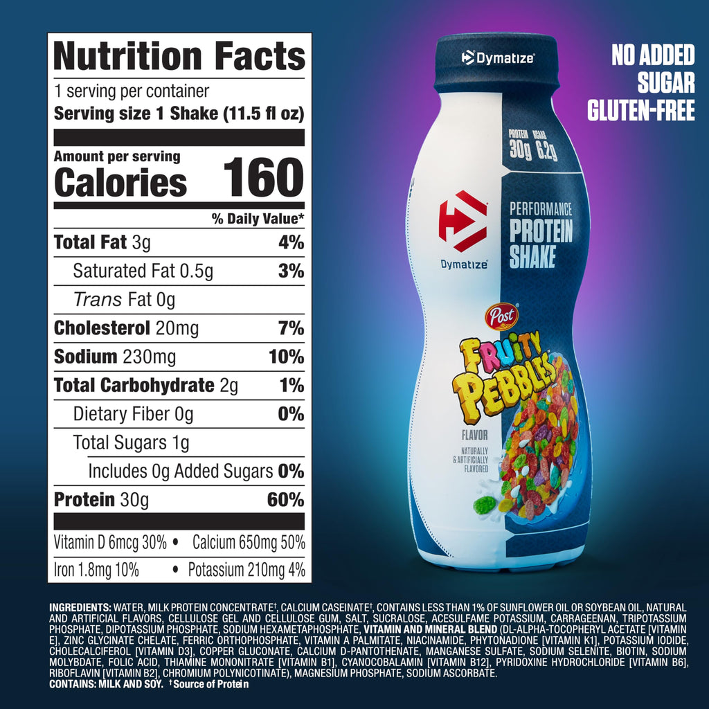 Dymatize Performance Protein Shake, Fruity Pebbles, 30g of Protein, 6.2g BCAA for Muscle Recovery, No Added Sugar, Low Fat, 24 Vitamins and Minerals, Gluten-Free, Ready to Drink, On-the-Go Snack, 11.5fl oz, 12 pack