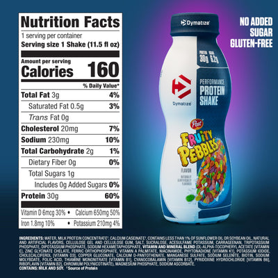 Dymatize Performance Protein Shake, Fruity Pebbles, 30g of Protein, 6.2g BCAA for Muscle Recovery, No Added Sugar, Low Fat, 24 Vitamins and Minerals, Gluten-Free, Ready to Drink, On-the-Go Snack, 11.5fl oz, 12 pack