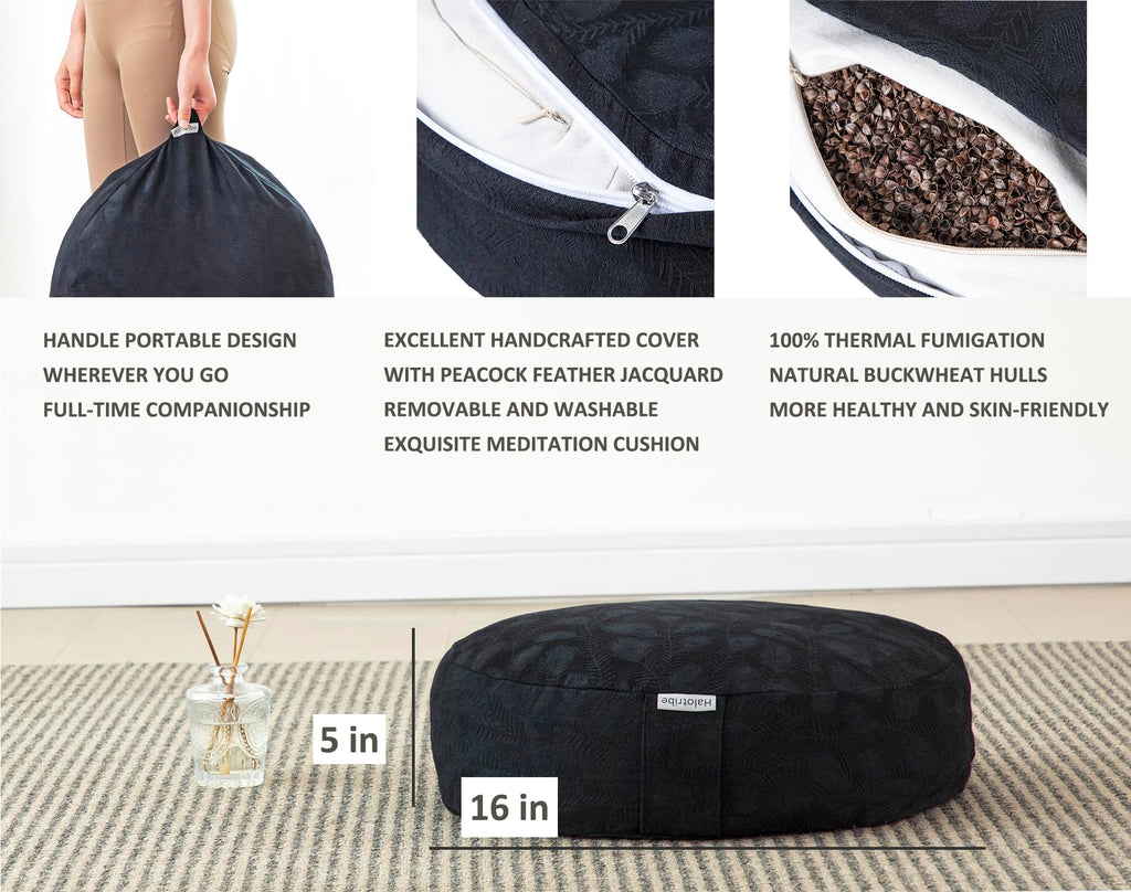 Meditation Cushion, Comfortable Meditation Pillow with Peacock Feather Jacquard Cover. Buckwheat Hull Filled Zafu Floor Pillow 16 * 16 * 5 in