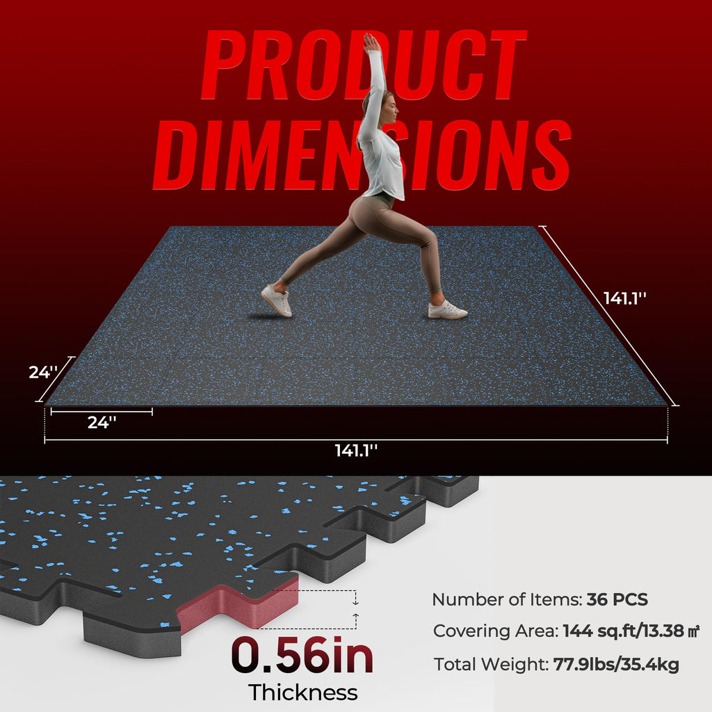 SUPERJARE 0.56'' Thick 12 Pcs 48 Sq Ft Rubber Top Exercise Equipment Mats, High Density EVA Foam Mats with Rubber Top, Interlocking Gym Flooring for Home Gym, Protective Workout Mat, Black/Grey