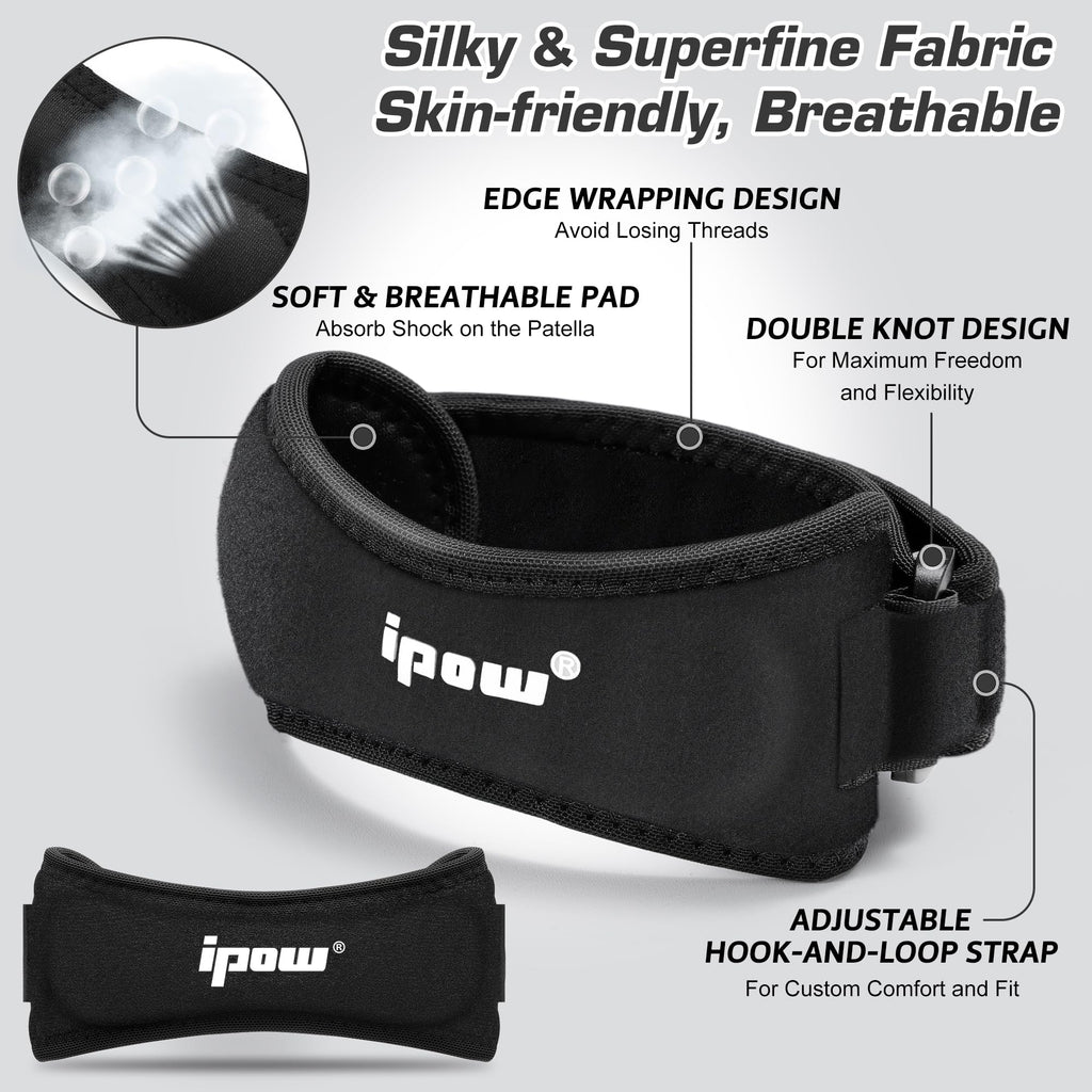 IPOW 2 Pack Knee Pain Relief & Patella Stabilizer Knee Strap Brace Support for Hiking, Soccer, Basketball, Running, Jumpers Knee, Tennis, Tendonitis, Volleyball & Squats, Black