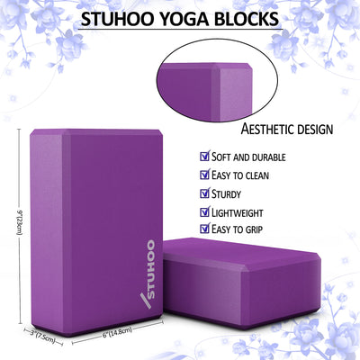 STUHOO Yoga Blocks 2 pack and Yoga Strap Includes Descriptive E-book for Beginners Sturdy Yoga Brick & Lightweight Eva Foam Block Support Deepen Poses, Provides Strength & Stability for Pilates Practice