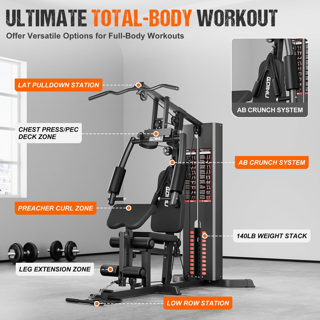 Home Gym, M1 Workout Station with 140LBS Weight Stack, Multifunctional Home Gym Equipment with Pulley System for Full Body Strength Training