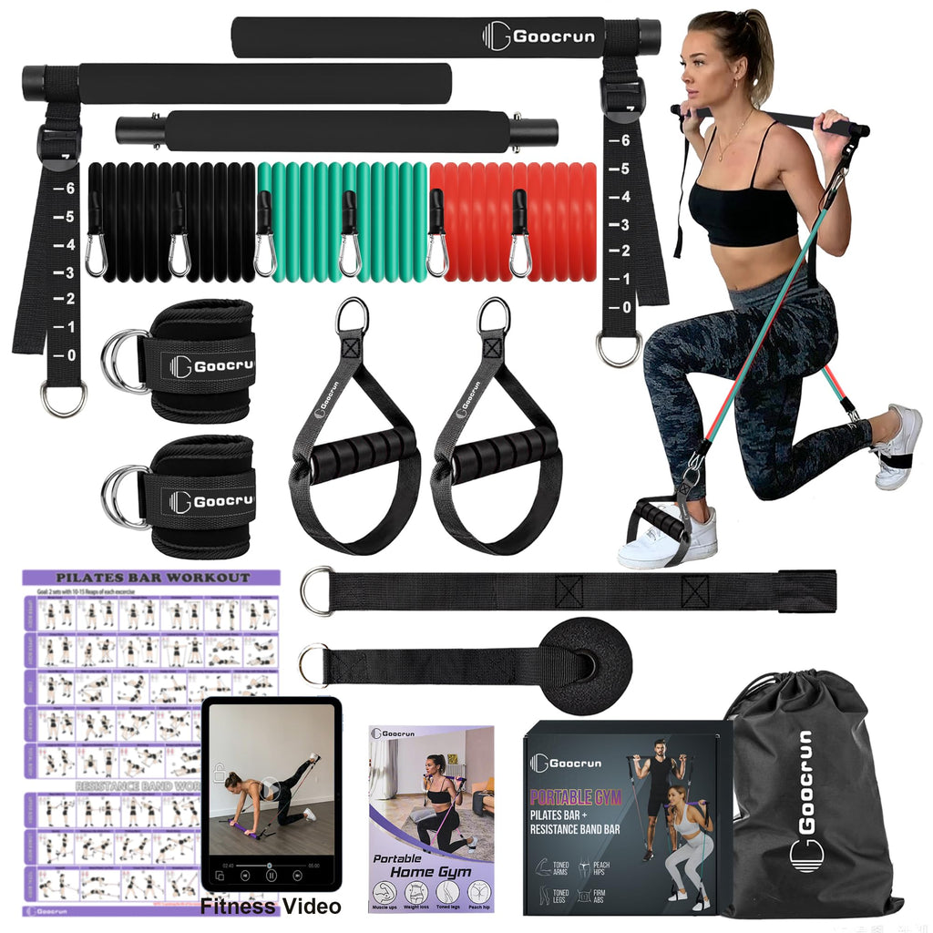 Portable Pilates Bar Kit with Resistance Bands for Men and Women - 3 Set Exercise Resistance Bands - Multifunctional Home Gym - Supports Full-Body Workouts – with Fitness Poster and Video