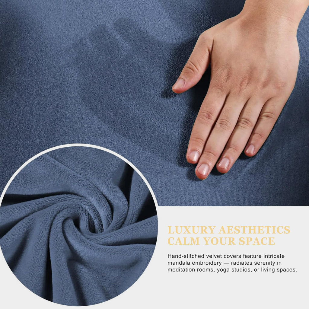 Meditation Zafu Cushion Set with Buckwheat Hulls & Memory Foam - Ergonomic Support for Yoga & Sitting - Removable Machine-Washable Luxury Velvet Cover - for Adults and Kids (Blue)