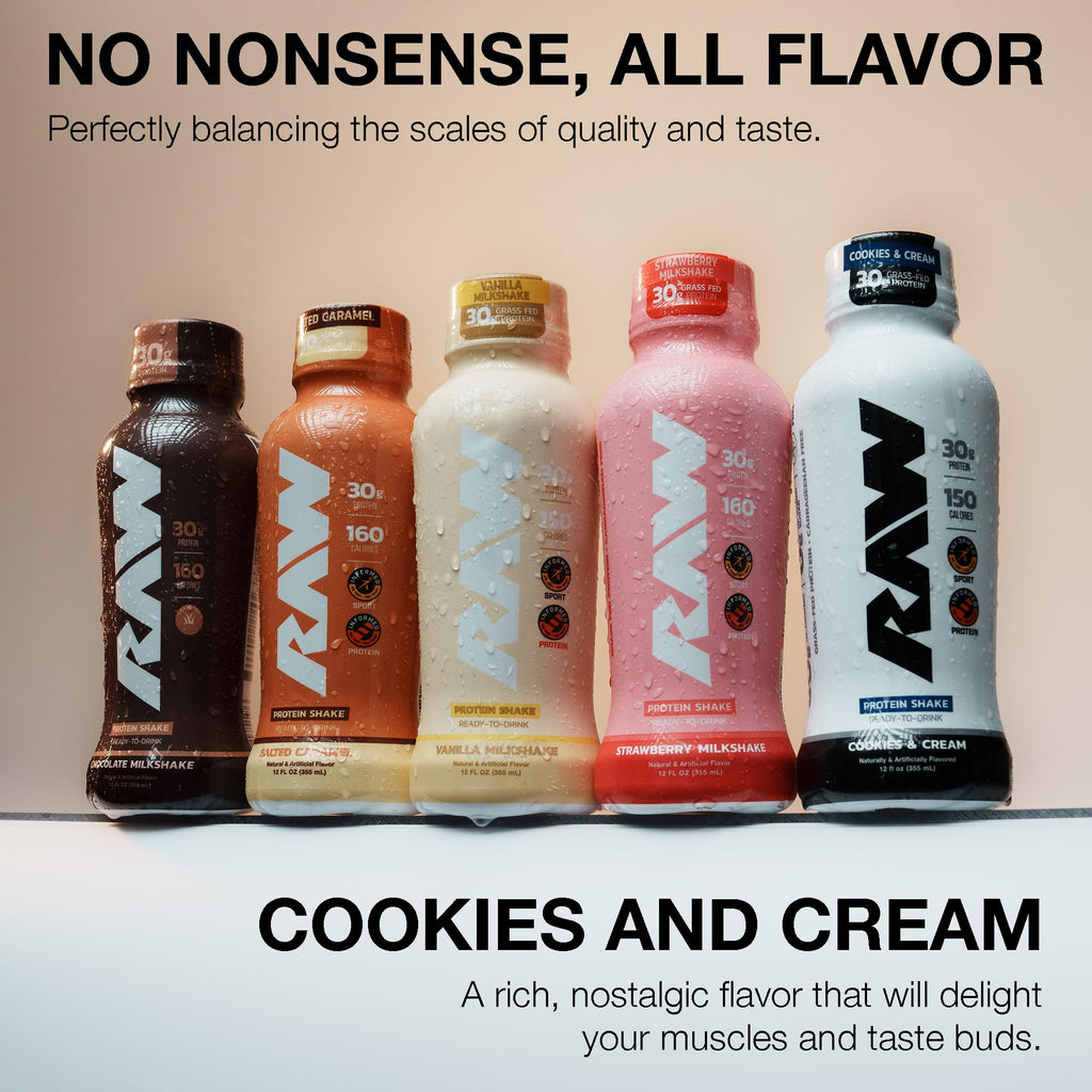 RAW Ready-to-Drink Protein Shake, Vanilla - RTD Protein Drinks with Grass-Fed Whey Protein Isolate for Post-Workout - Zero-Sugar & Gluten-Free Meal Replacement Drink & Breakfast Shake, 12 Fl Oz
