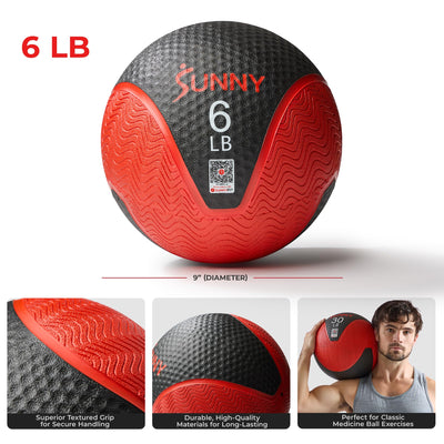 Sunny Health & Fitness Medicine Ball, Textured Rubber, Core Strength & Balance Training, Bouncing, Weight for Home Workouts 4,6,8,10,12,15,20,25,30LB Options