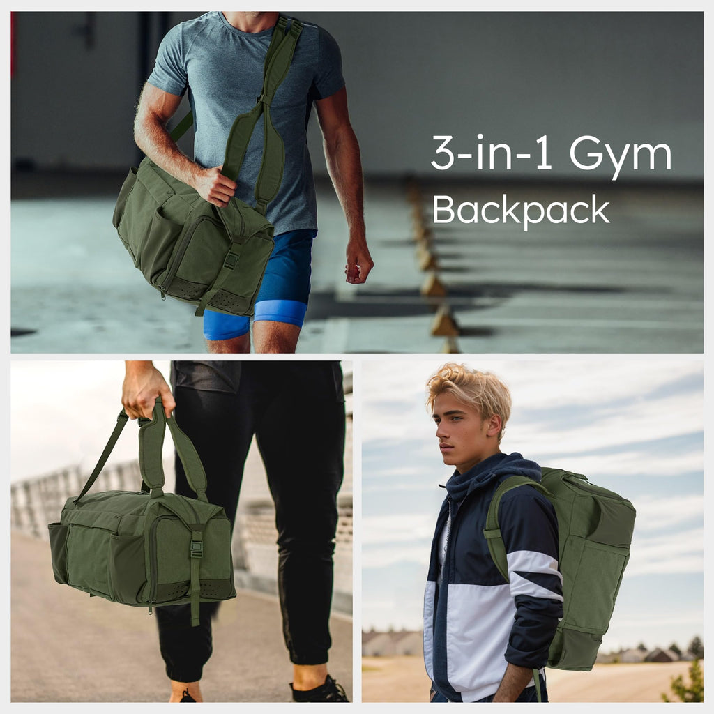 Gym Bag for Men with 2 Upgraded Bottle Holders Convertible Duffle Bag and Gym Backpack Waterproof Sports Bags with Shoes Compartment and Wet Pocket - Black