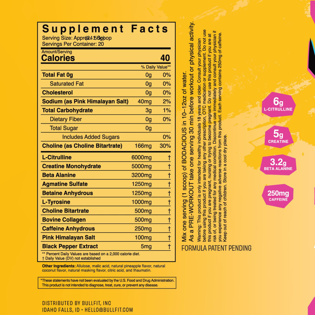 BULLFIT Pre Workout Powder, Pina Coolada Flavor, Pre-Workout Support for Men & Women, L Citrulline, Creatine, Beta Alanine & Electrolytes, Powdered Drink Mix with No Sucralose & Zero Sugar, 20 Srvgs