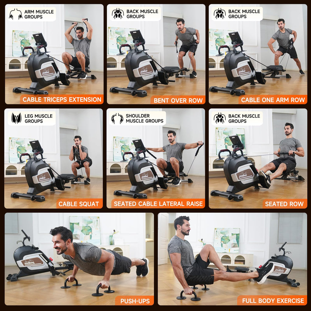 Pooboo Magnetic Rowing Machine 360 LB Weight Capacity, folding rower with Combination Strength exercise, Tablet Holder and Comfortable Seat Cushion, Rower for Home Use