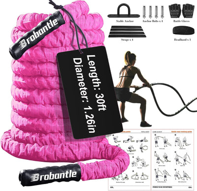 Battle Rope 1/1.26/1.5/2 Inch Diameter,Pink 30FT/40FT/50FT Exercise Workout Ropes for Home Gym Heavy Weighted Training Rope for Working Out