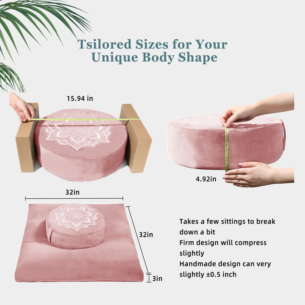 Meditation Zafu Cushion Set with Buckwheat Hulls & Memory Foam - Ergonomic Support for Yoga & Sitting - Removable Machine-Washable Luxury Velvet Cover - for Adults and Kids (Blue)