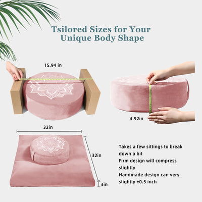 Meditation Zafu Cushion Set with Buckwheat Hulls & Memory Foam - Ergonomic Support for Yoga & Sitting - Removable Machine-Washable Luxury Velvet Cover - for Adults and Kids (Blue)