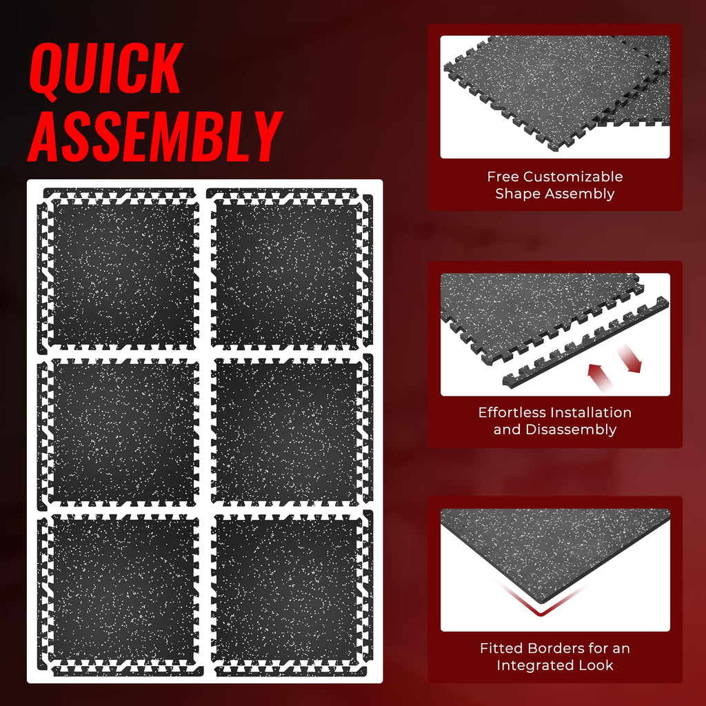 SUPERJARE 0.56'' Thick 12 Pcs 48 Sq Ft Rubber Top Exercise Equipment Mats, High Density EVA Foam Mats with Rubber Top, Interlocking Gym Flooring for Home Gym, Protective Workout Mat, Black/Grey