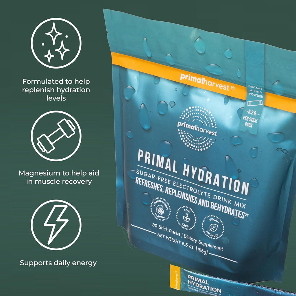 Primal Harvest Electrolytes Powder Packets Primal Hydration, Easy Open Packets, Energy Drink Mix (Lemon Berry, 30 Packs) (1 Bag)