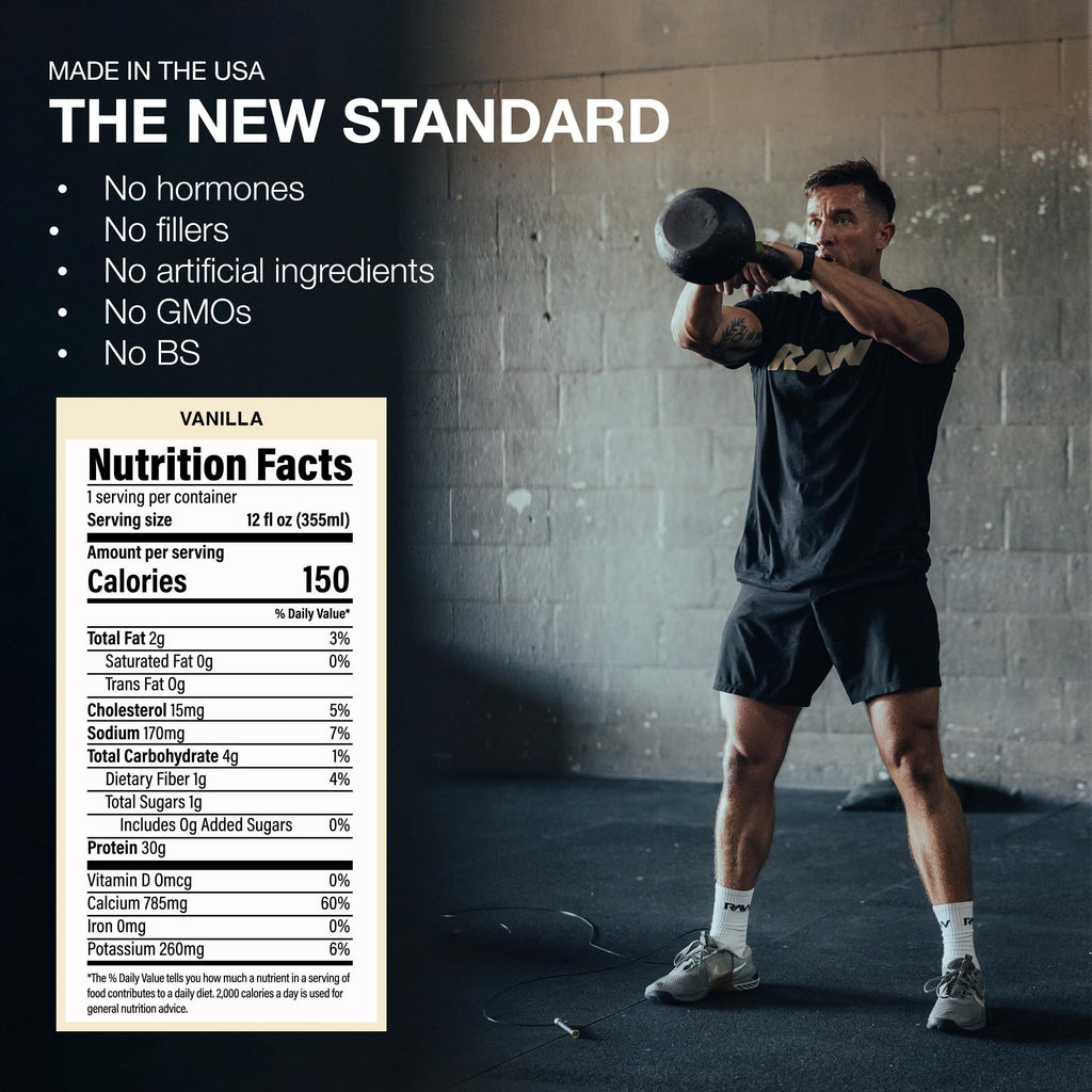 RAW Ready-to-Drink Protein Shake, Vanilla - RTD Protein Drinks with Grass-Fed Whey Protein Isolate for Post-Workout - Zero-Sugar & Gluten-Free Meal Replacement Drink & Breakfast Shake, 12 Fl Oz