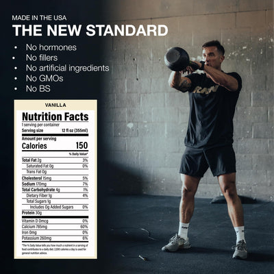 RAW Ready-to-Drink Protein Shake, Vanilla - RTD Protein Drinks with Grass-Fed Whey Protein Isolate for Post-Workout - Zero-Sugar & Gluten-Free Meal Replacement Drink & Breakfast Shake, 12 Fl Oz