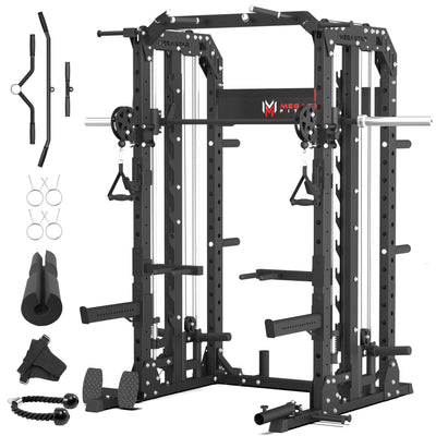 Smith Machine Home Gym with Aluminum Pulley Set- 2000lbs Capacity All-in-One Power Rack with Cable Crossover, Pull-Up Bar & Dip Station, Includes 18 Attachments, P107 Anvil