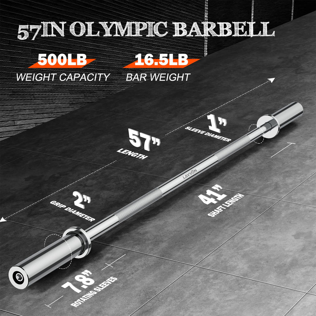 57" Olympic Barbell Bar, 2" Standard Straight Barbell Bars for Weight Lifting Bar for Bench Press/Squats/Hip Thrusts/Lunges/Biceps- Home Gym Weight Bar- 2 Spring Collars(500lb Weight Capacity)