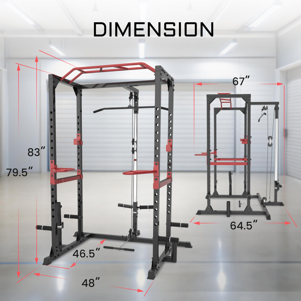 Fitness Reality Power Cage Squat Rack with Optional LAT Pulldown, Cable Crossover, 800 lb Capacity, Multi-Grip Pull-Up Bar, Adjustable Safety Bars, Strength Training for Home Gym
