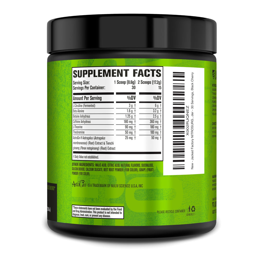 Jacked Factory NITROSURGE Pre Workout Supplement - Endless Energy, Instant Strength Gains, Clear Focus, Intense Pumps - NO Booster & Preworkout Powder with Beta Alanine - 30 Servings, Cherry Limeade