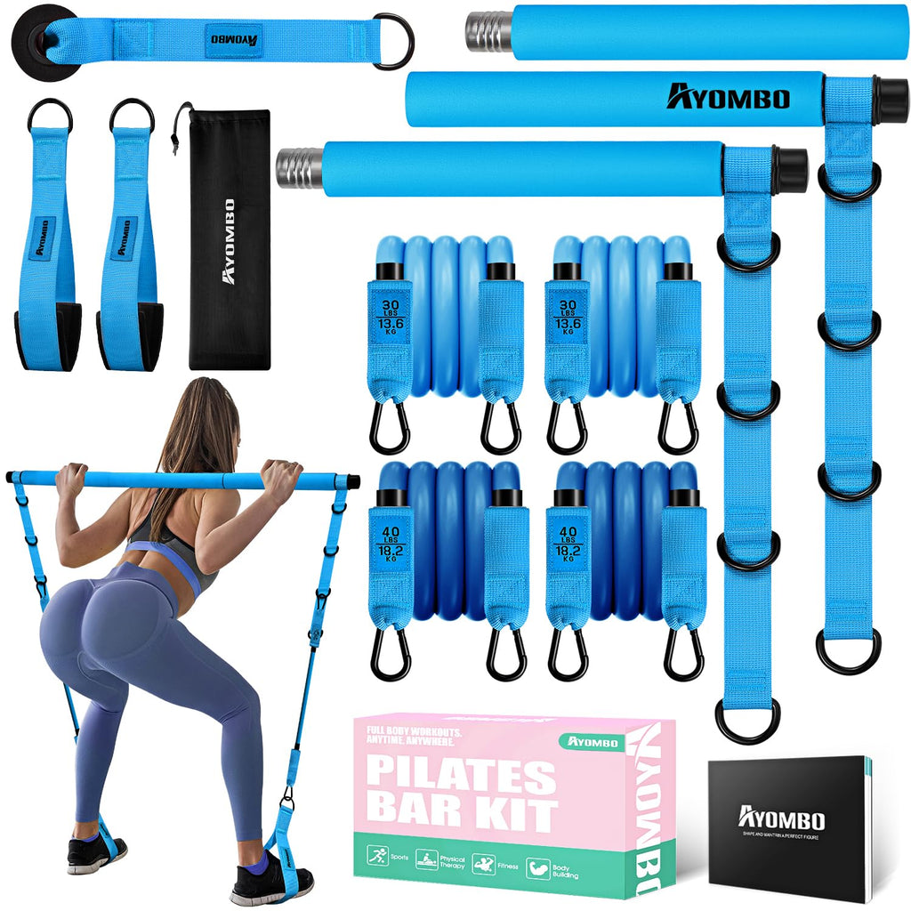 Pilates Bar Kit with Resistance Bands, Pilates Workout Equipment for Legs, Hip, Waist, Arm, Squats Exercise Equipment for Home Workouts, Adjustable 3-Section Pilates Bar Kit for Women & Men