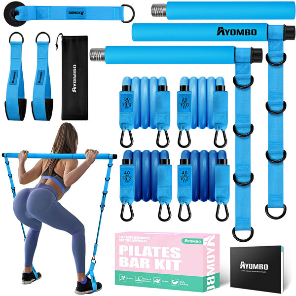 Pilates Bar Kit with Resistance Bands, Pilates Workout Equipment for Legs, Hip, Waist, Arm, Squats Exercise Equipment for Home Workouts, Adjustable 3-Section Pilates Bar Kit for Women & Men