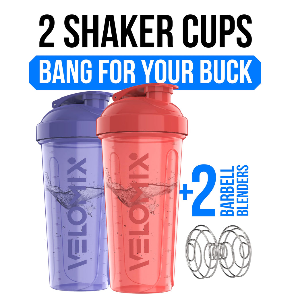 VELOMIX -2 Pack- 28 oz Protein Shaker Bottles for Protein Mixes - 2x Wire Whisk | Leak Proof Shaker Cups for Protein Shakes | Protein Shaker Bottle Pack (Black/Transparent)