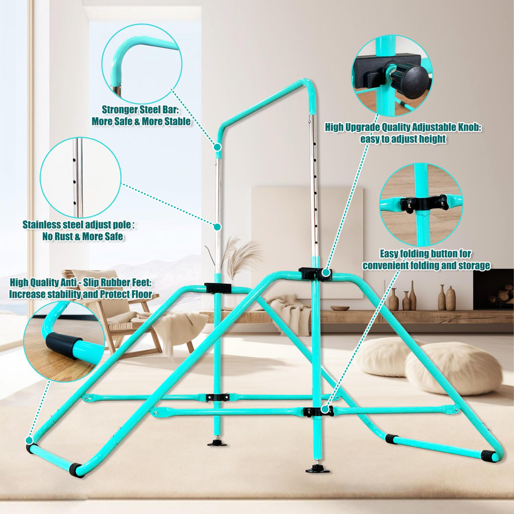 MARFULA Foldable Gymnastic Bar for Kids Ages 3-9, 9 Height Levels, 200 lbs Weight Capacity, 5 Ft Length Gymnastic Kip Bar with Mat, Gymnastic Equipment for Home and Gym Center Indoor Outdoor Use