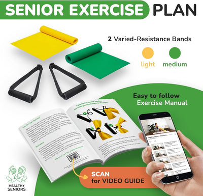 Chair Exercise Program with Two Resistance Bands, Handles and Printed Exercise Guide. Suitable for Rehab or Physical Therapy. Thoughtful Gift for Grandma or Grandpa