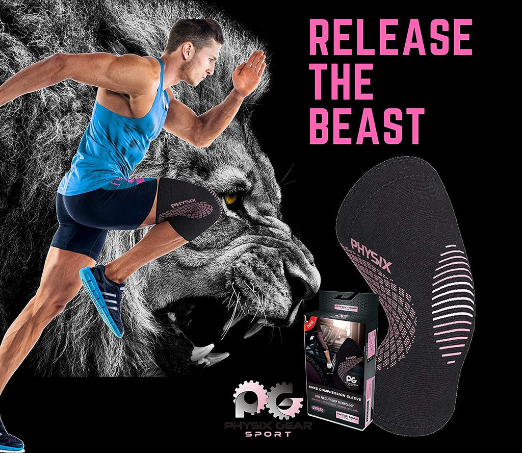 Physix Gear Knee Compression Sleeve for Men & Women - Best Compression Knee Brace for Walking, Running, Gym, Basketball, Weightlifting,Workout, Sports - Knee sleeves Support Compression & Stability