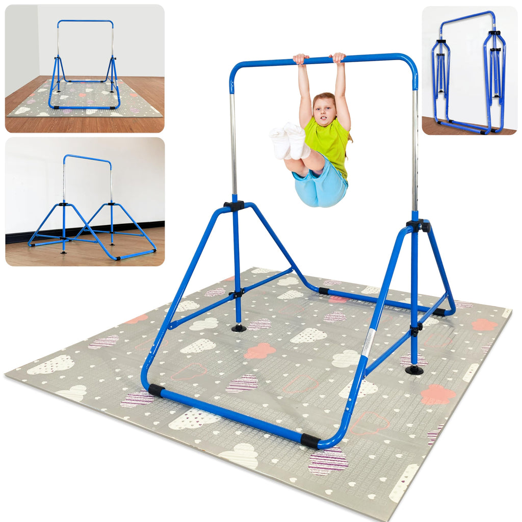 MARFULA Foldable Gymnastic Bar for Kids Ages 3-9, 9 Height Levels, 200 lbs Weight Capacity, 5 Ft Length Gymnastic Kip Bar with Mat, Gymnastic Equipment for Home and Gym Center Indoor Outdoor Use