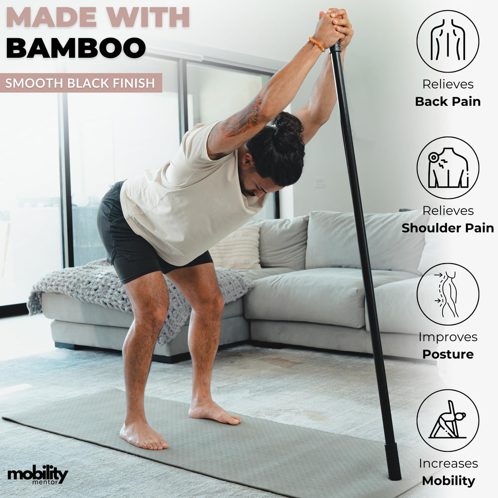 5ft Yoga Stick Made from Natural Bamboo - Stretching Stick for Mobility, Balance, Pilates & Physical Therapy - Exercise Stick with Non-Slip Ends - Includes 20+ Video Tutorials