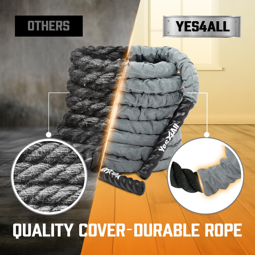 Yes4All Battle Ropes, Workout Rope with Cover, Steel Anchor & Strap Included, Heavy Ropes for Exercise Training - 1.5/2 Inch Diameter, 30, 40, 50 Ft Length