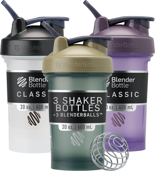 BlenderBottle Classic V2 Shaker Bottle Perfect for Protein Shakes and Pre Workout, 20-Ounce (3 Pack), Black, Tan/Blue, Purple