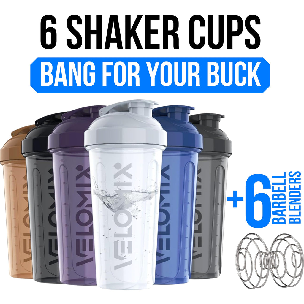 VELOMIX -6 PACK- 28 oz Protein Shaker Bottle for Protein Mixes - 6x Wire Whisk | Leak Proof Shaker Cups for Protein Shakes | Protein Shaker Bottle Pack | Protein Shake Cup (Earth Tones Collection)