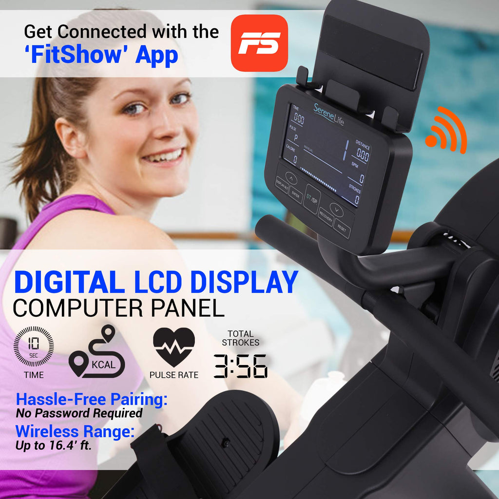 SereneLife Smart Rowing Machine-Home Machine with Smartphone Fitness Monitoring App, Magnetic Row Machine for Gym or Home Use, 16 Levels Resistance