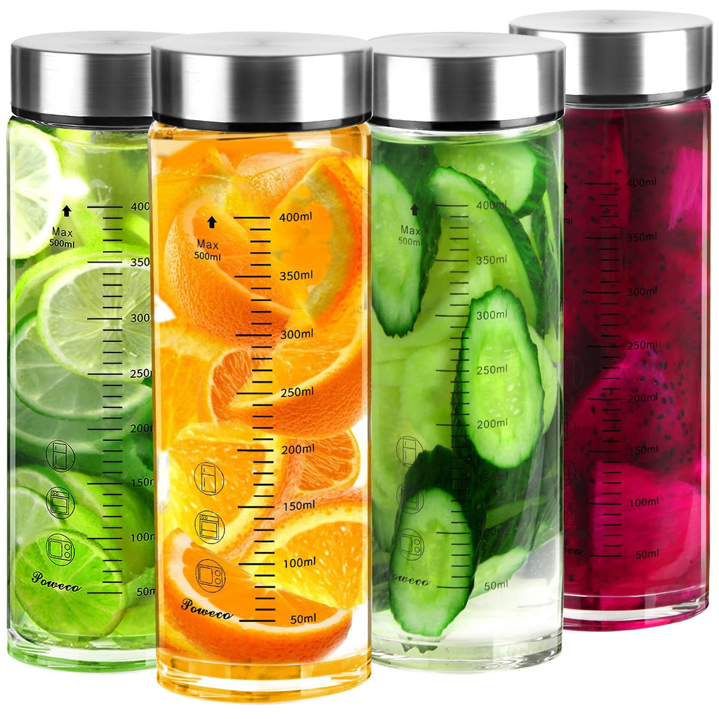 Glass Juice Bottles 4 Pack 20 oz - Wide Mouth Glass Water Bottles with Lids - for Juicing, Protein, Smoothie, Milk, Reusable, BPA Free, Stainless Steel Lids, Blender, Shaker Bottle (20oz/600ml)