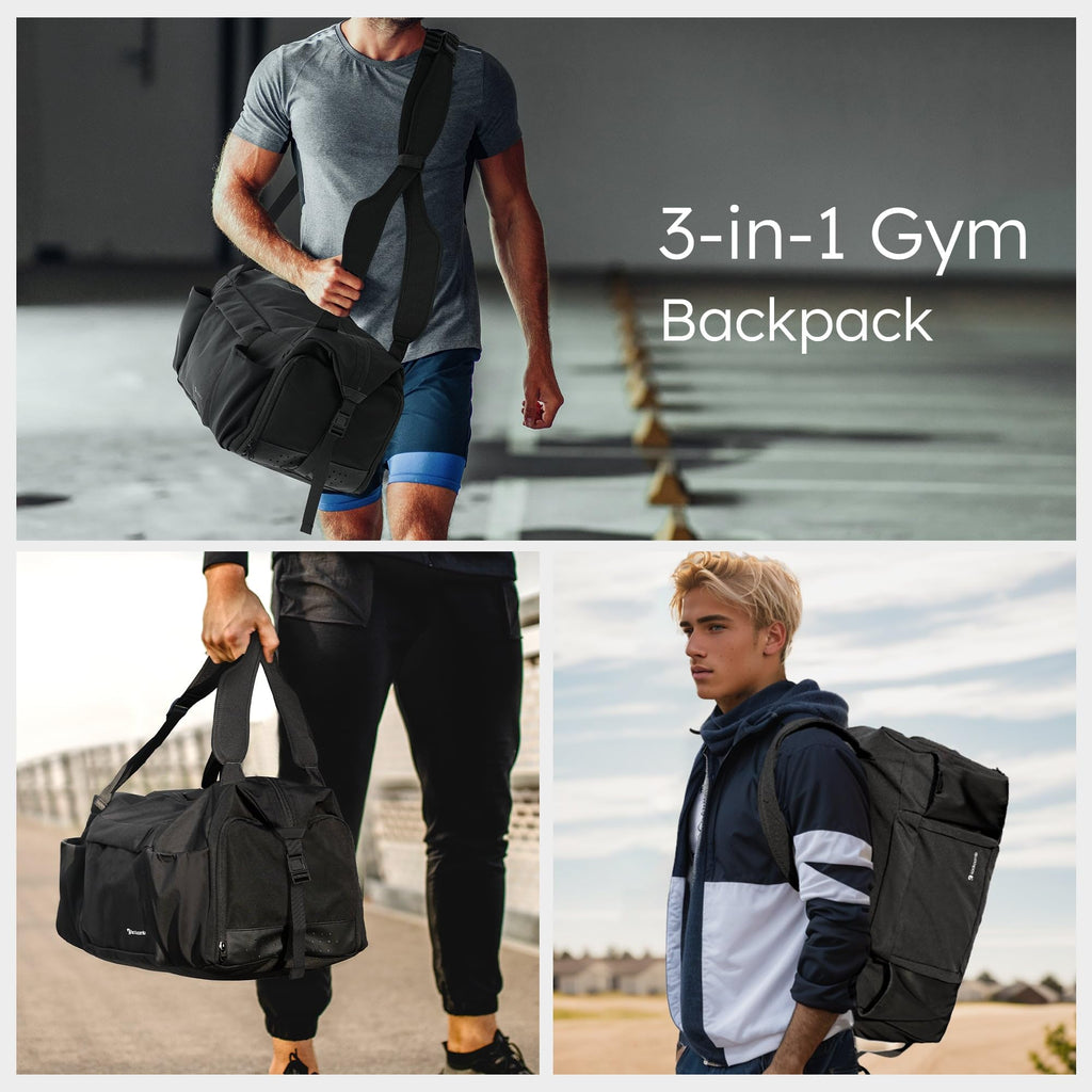 Gym Bag for Men with 2 Upgraded Bottle Holders Convertible Duffle Bag and Gym Backpack Waterproof Sports Bags with Shoes Compartment and Wet Pocket - Black