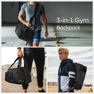 Gym Bag for Men with 2 Upgraded Bottle Holders Convertible Duffle Bag and Gym Backpack Waterproof Sports Bags with Shoes Compartment and Wet Pocket - Black