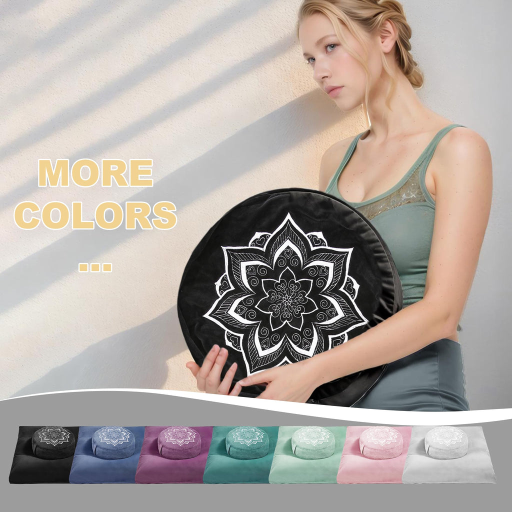 Meditation Zafu Cushion Set with Buckwheat Hulls & Memory Foam - Ergonomic Support for Yoga & Sitting - Removable Machine-Washable Luxury Velvet Cover - for Adults and Kids (Blue)
