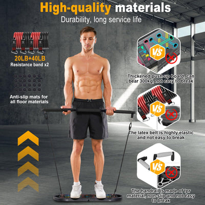 HOTWAVE Portable Exercise Equipment with 16 Gym Accessories,20 in 1 Push Up Board Fitness,Resistance Bands with Ab Roller Wheel,at Home Workout for Men