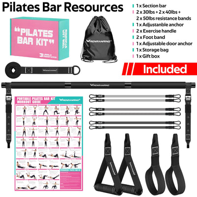 Pilates Bar Kit with Resistance Bands, Multifunctional Pilates Bar for Women & Men with Heavy-Duty Metal Adjustment Buckle, Pilates Home Equipment for Full BodyWorkouts