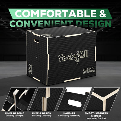 Yes4All 3 in 1 Non-Slip Wooden Plyo Box, Step Up Box for Workout, Plyometric Jump Box for Skipping, Jumping, Lunges, Squats, Dips