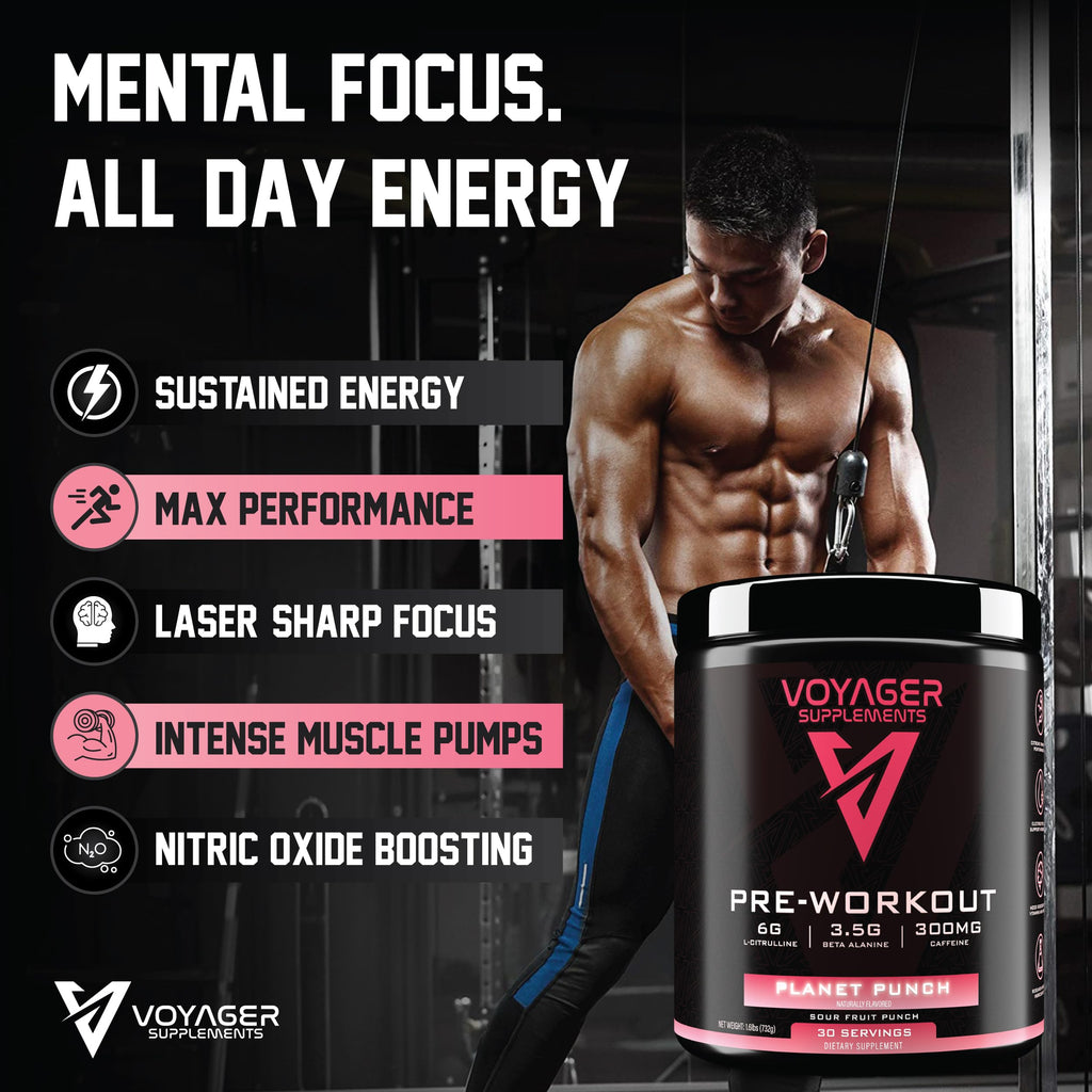 Voyager Pre-Workout Rocket Razz – Creatine-Free Powder w/L-Citrulline, Beta-Alanine, Caffeine – Supports Energy, Endurance & Focus – 30 Servings – No Artificial Fillers – GMP Certified