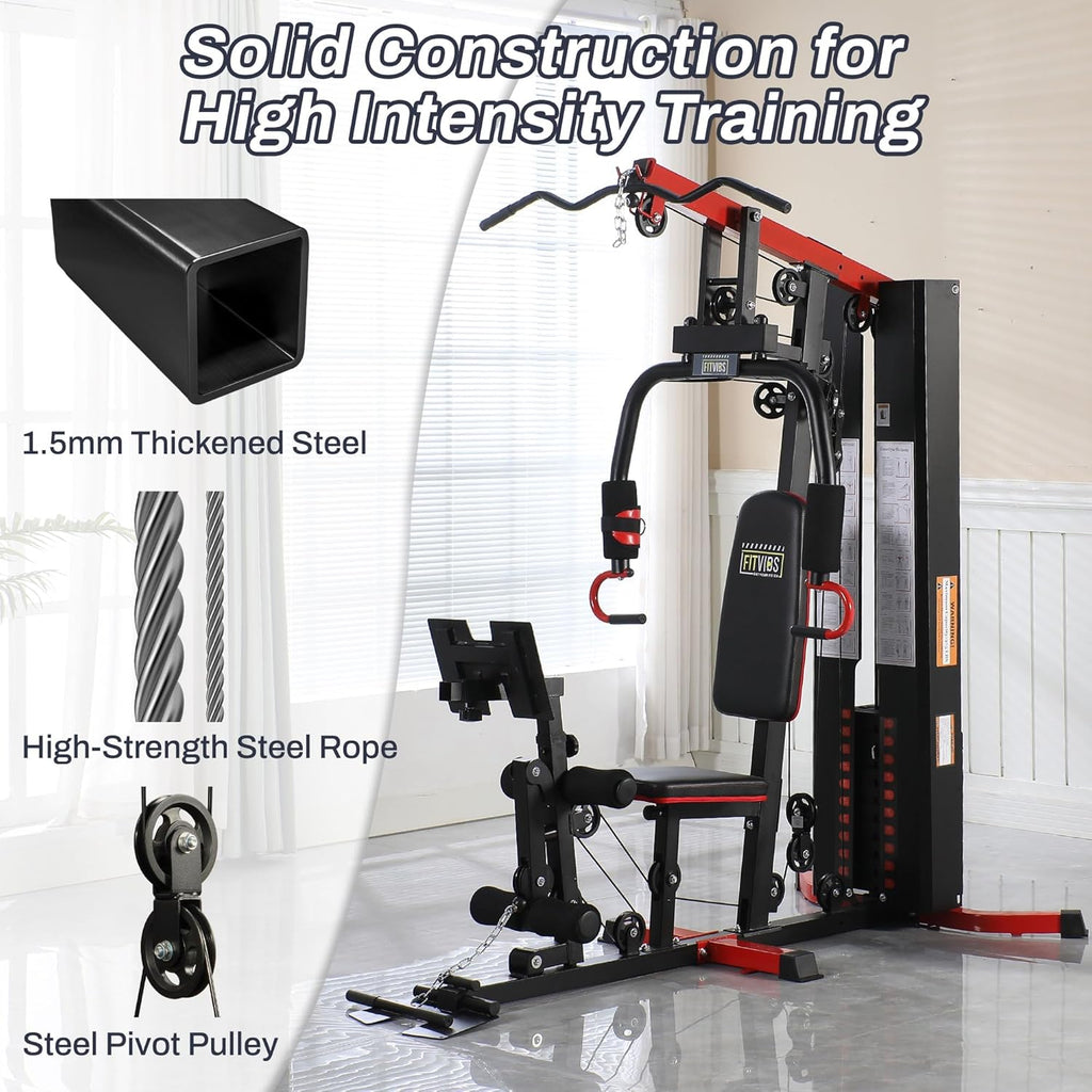 Fitvids Home Gym Equipment, Multifunctional Full Body Workout Weight Machine Station with Weight Stack, All in One Exercise Equipment with Pulley System & Seated Rowing for Home Gym Strength Training